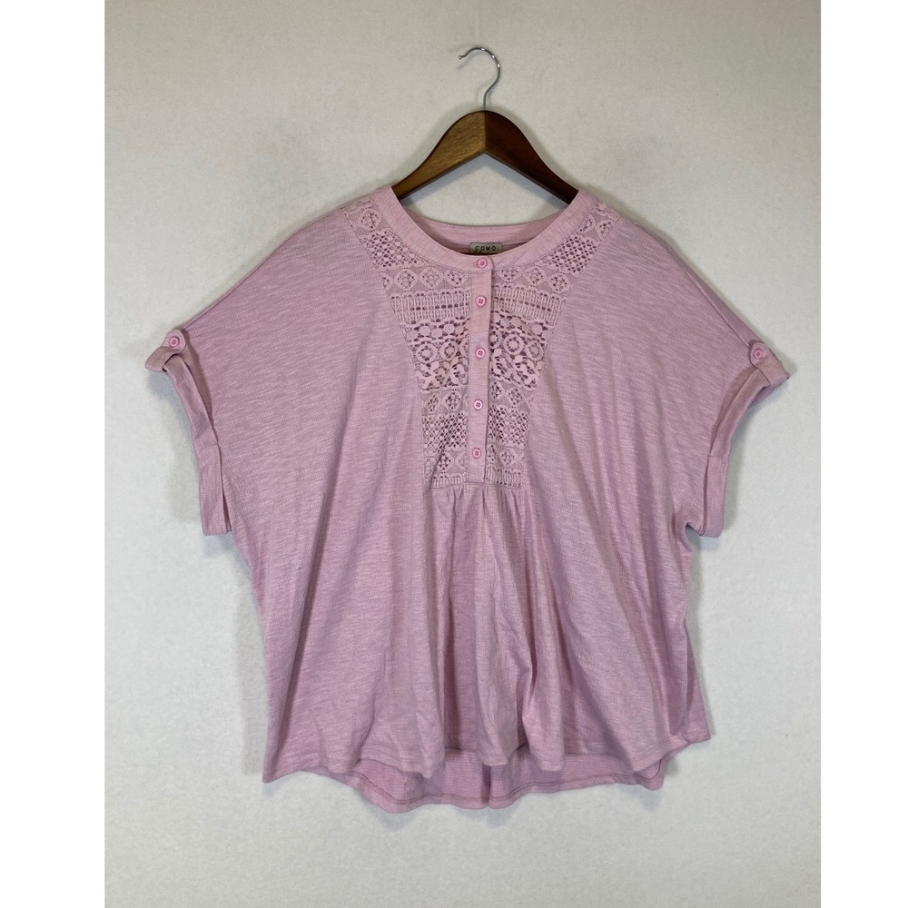 Boho Como Vintage Women 2X Pink Lace‎ Bib Henley Dolman Sleeve Slub Knit Top